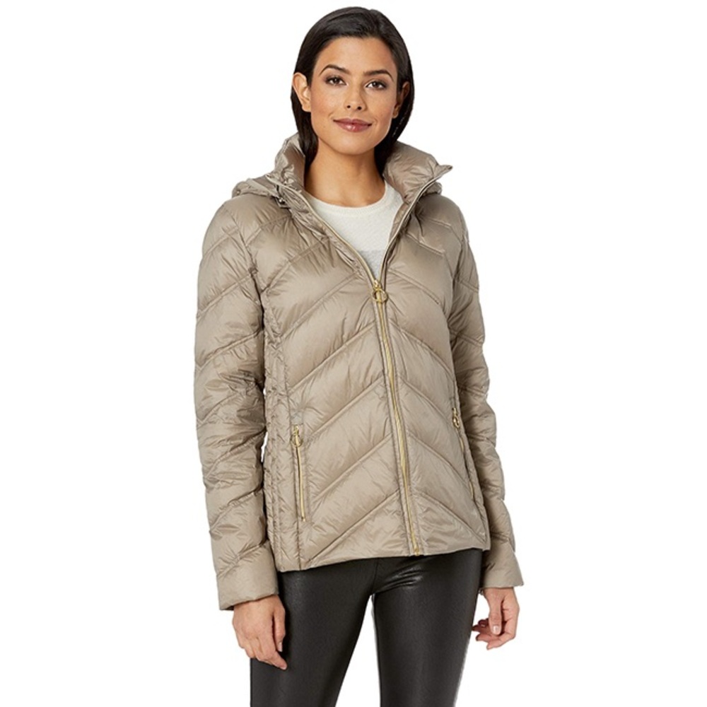 Michael Kors Taupe Chevron Packable Down Coat With Removable Hood